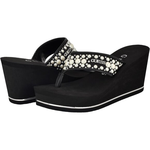 GUESS Womens Silus Embellished Slip On Platform Wedge Sandals Black Size 6M NIB - Picture 1 of 7